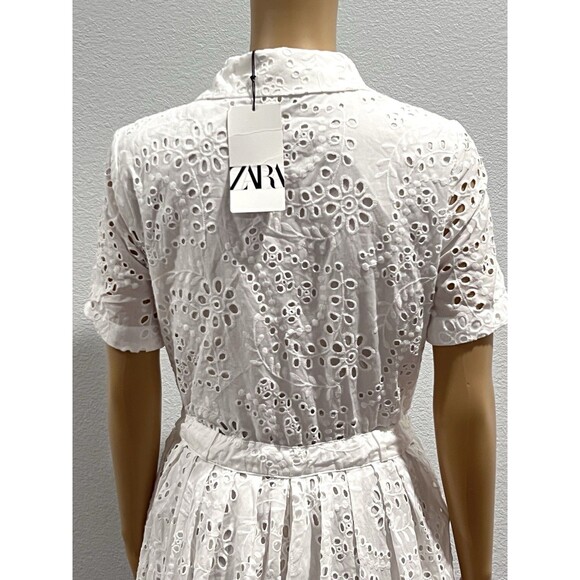 ZARA White Embroidered Eyelet Midi Shirt Dress Pockets Overlay Skirt Sz Medium - Picture 10 of 15